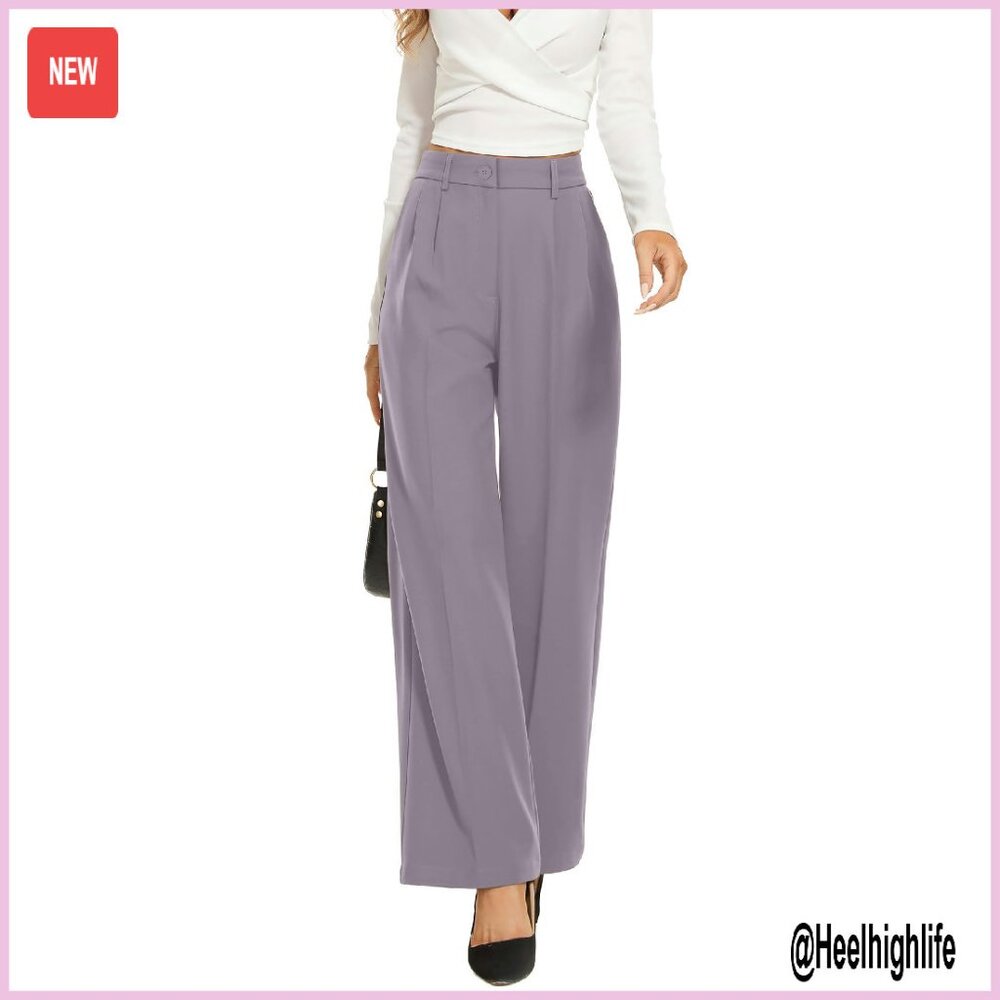 High-Waisted Wide Leg Work Pants, Polyester Elastane, Back Elastic Waist